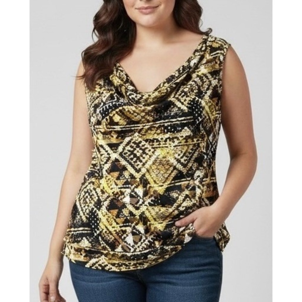 Alfani Womens Cowl Neck Tank Top Gold Black Geometric Snake Print Sleeveless L